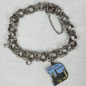 Vintage American Sterling Heavy Curb Triple Round Cable Link Charm Bracelet